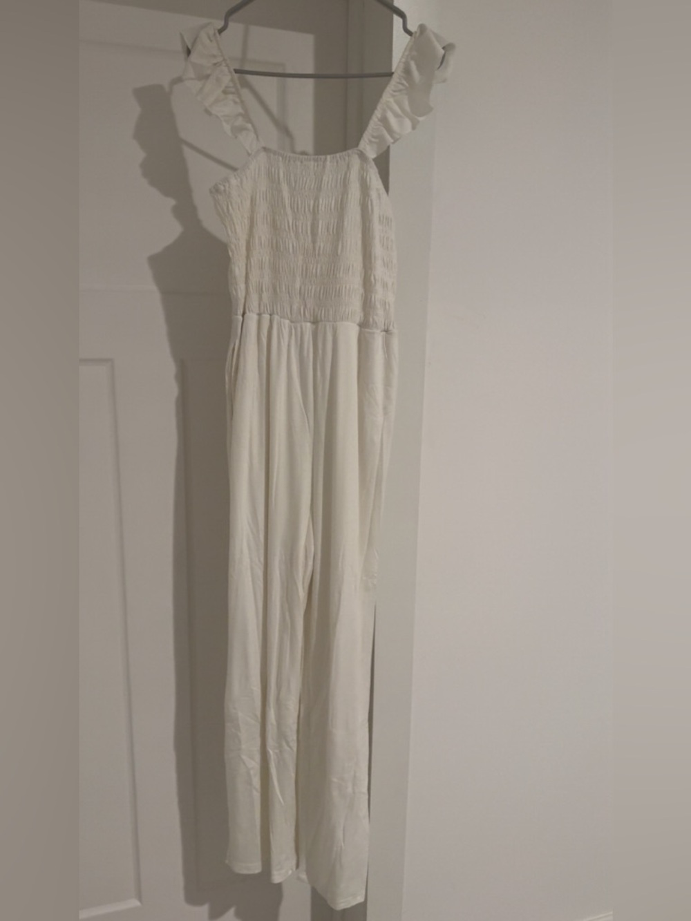 Amazon Cream White Smocked Jumpsuit with Ruffle Straps